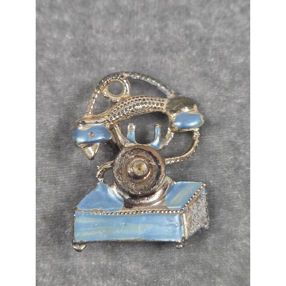 Vintage Style Telephone Brooch | Gold Tone & Blue Enamel | Petite 1-Inch